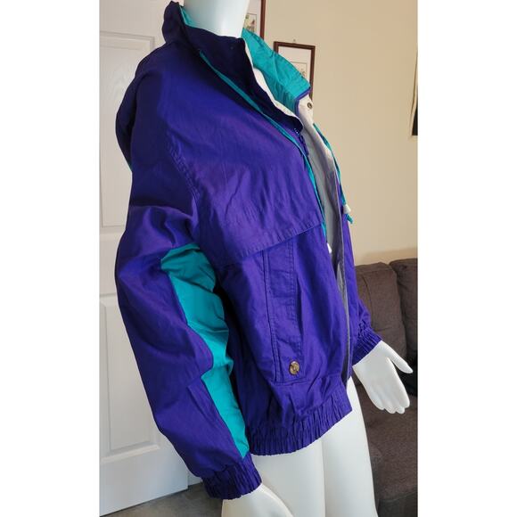 VTG 90s Eagles Ridge Blue Teal Color Block Windbreaker Retractable Hood Size M - Picture 2 of 9